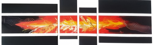 Acryl
2019
Quadrichon
160 x 50 x 2 cm
( 2x 60x50 cm, 2 x 20x50 cm)
Preis: 750,-- € oder als Miete 75 € monatlich Big Bang