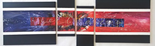 Quadrichon Acryl - Life! -
2019
160 x 50 x 2 cm
( 2x 60x50 cm, 2 x 20x50 cm)
Preis: 750,-- € oder als Miete 75 € monatlich
